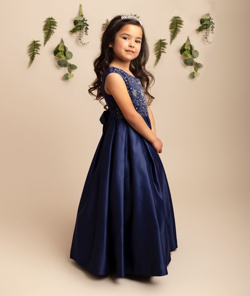 Girls Crystal Satin Navy Ball Gown Dress – EDEN - Navy