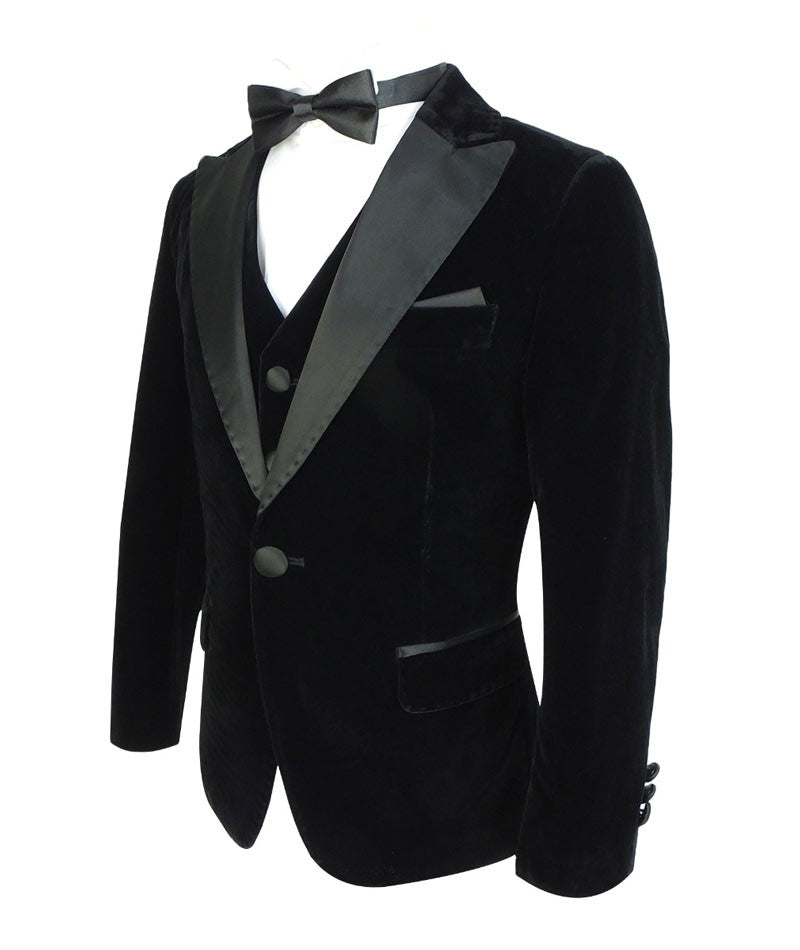 Boys Sheen Lapel Black Velvet Tuxedo Suit - Black