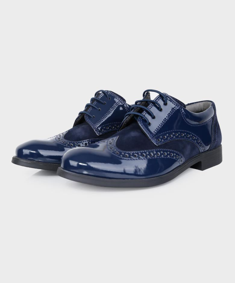 Boys Patent Leather & Suede Lace Up Brogue Derby Shoes - Navy Blue