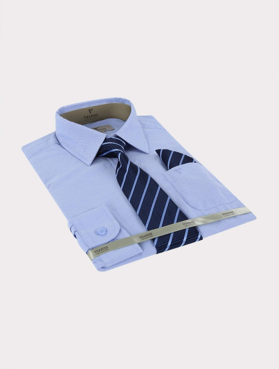 Boys Cotton Blend Long Sleeve Shirt, Tie & Hanky Set - Blue - Patterned Tie