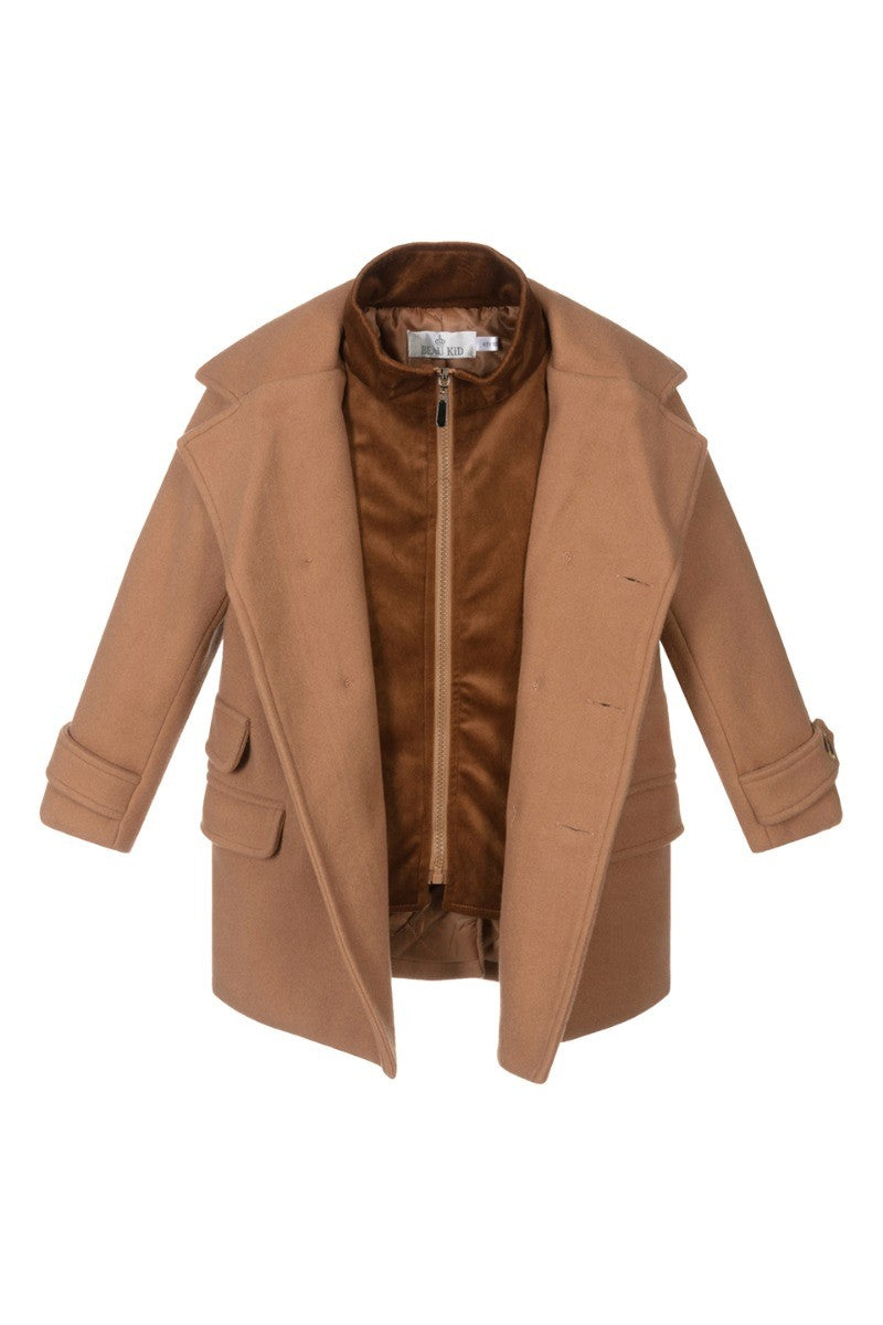 Boys Tweed Double Breasted Midi Geke Coat - Camel Beige