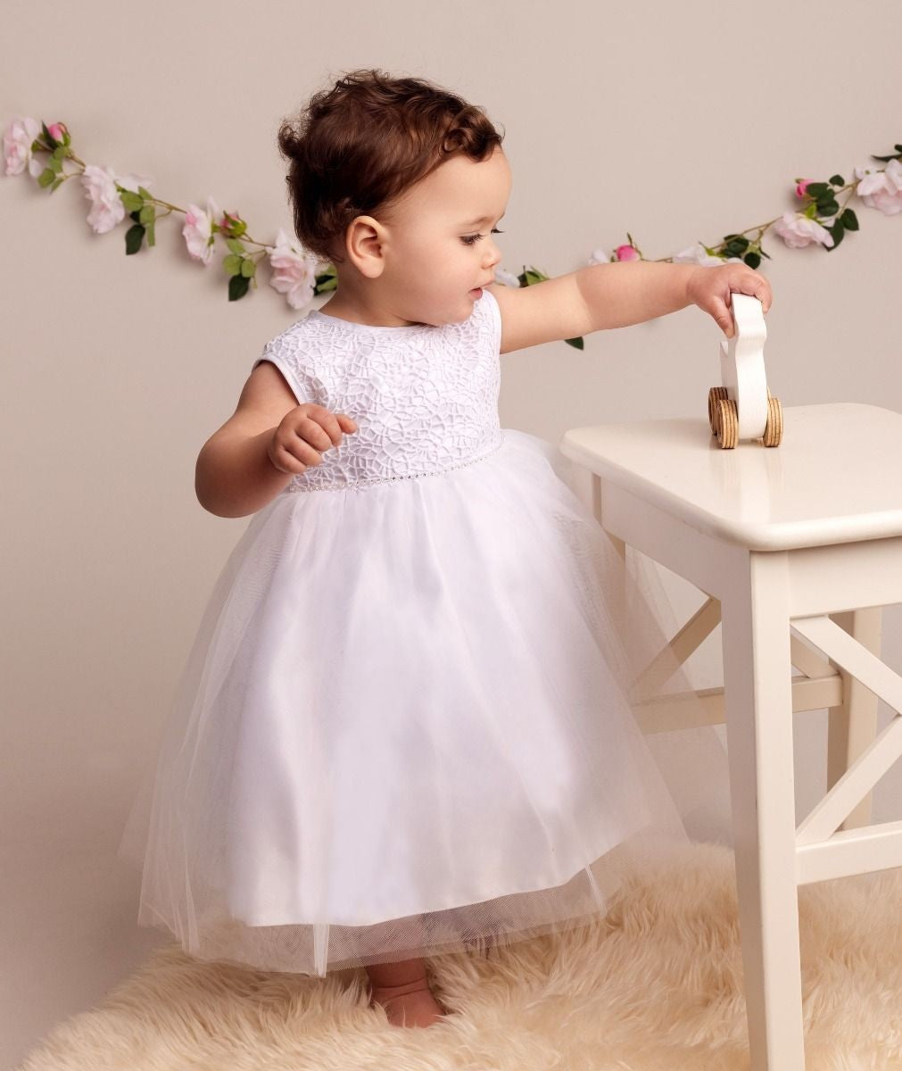 Baby Girls Christening Dress with Lace & Bow - ROSE - White