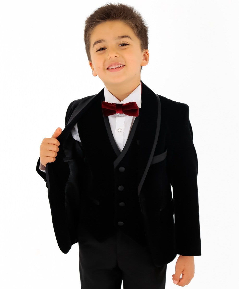 Boys Slim Fit Piping Velvet Tuxedo Suit - LONDON - Black