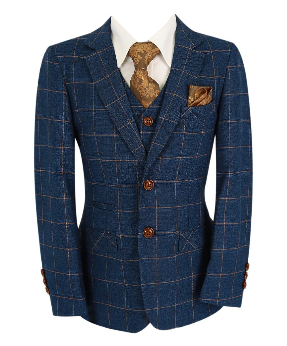 Men's Tailored Fit Windowpane Check Suit - HAMLEYS - Cornflower Blue