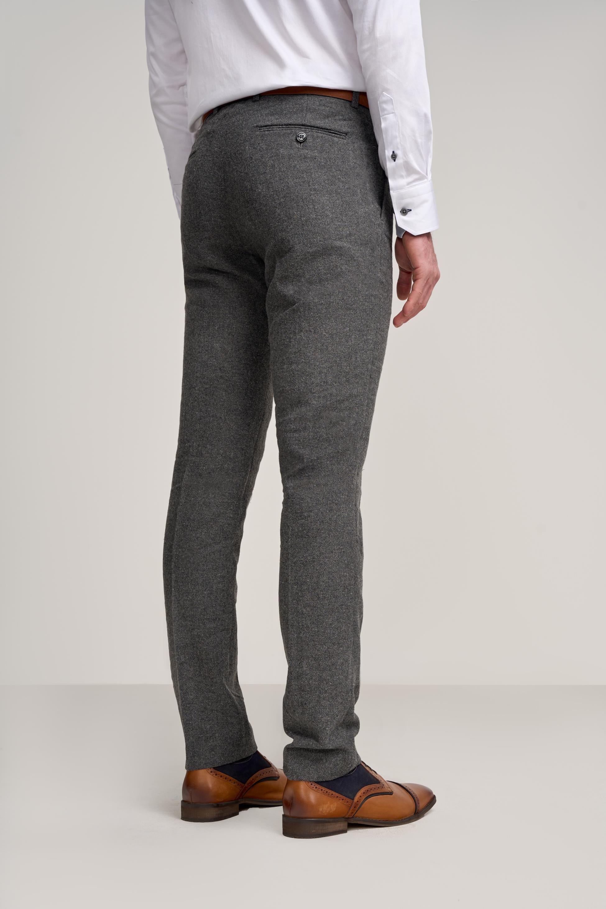 Men’s Grey Herringbone Tweed Trousers - COSMO - Grey