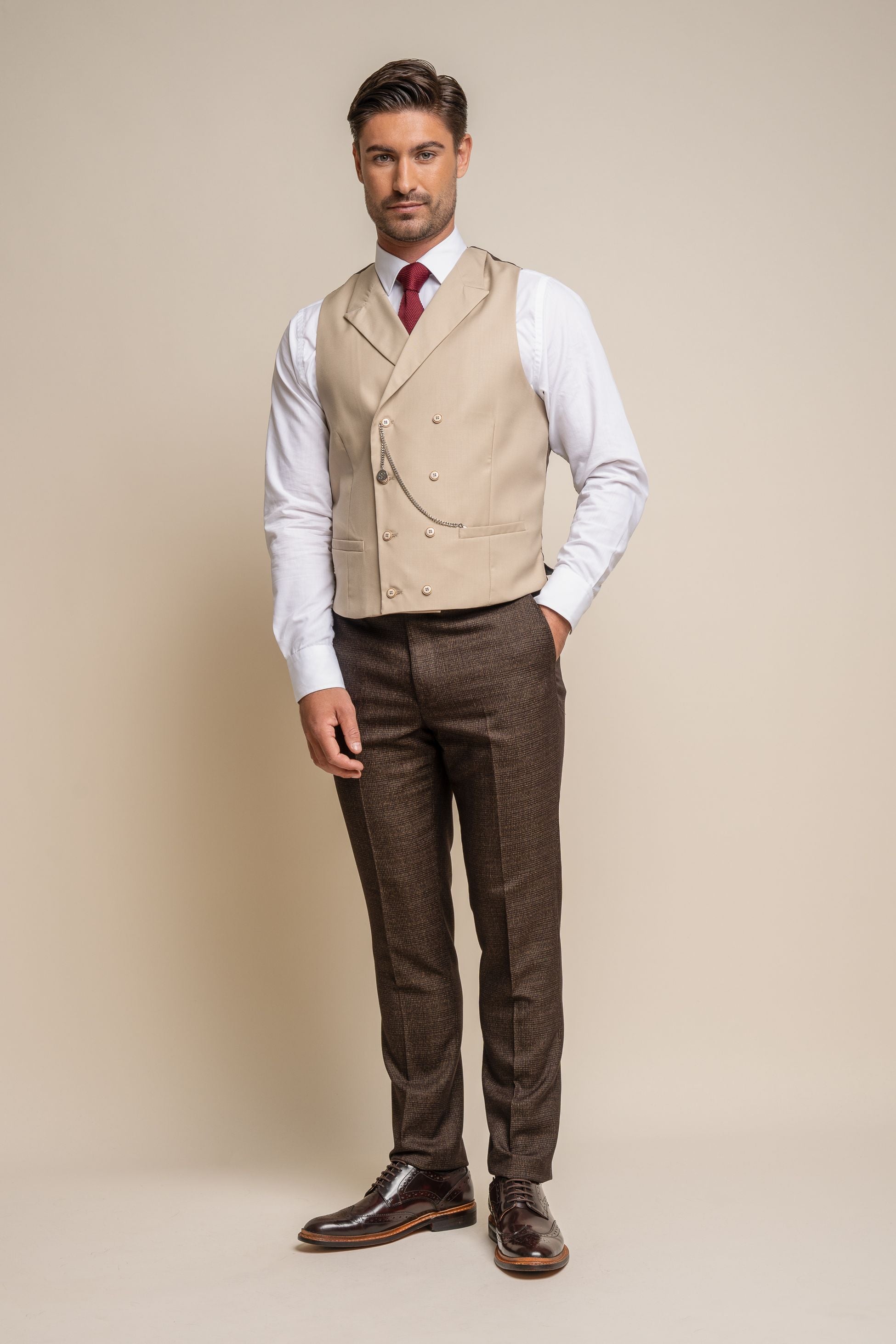 Men's Slim Fit Double Breasted Waistcoat - LENNOX - Beige