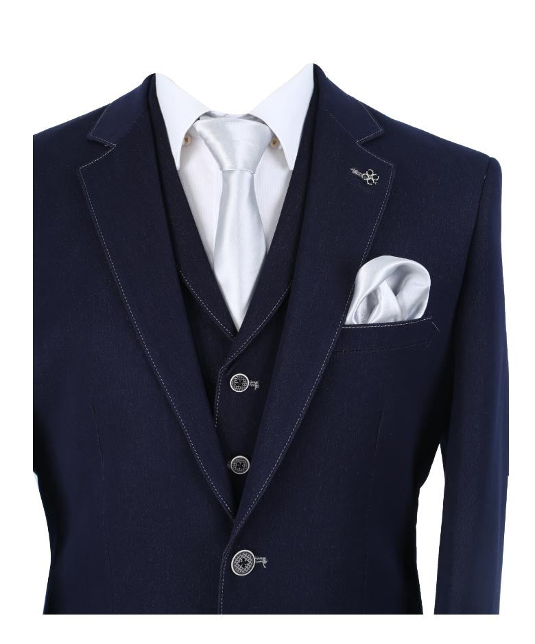 Men's Denim Look Slim Fit Navy Suit - FABIAN - Navy Blue