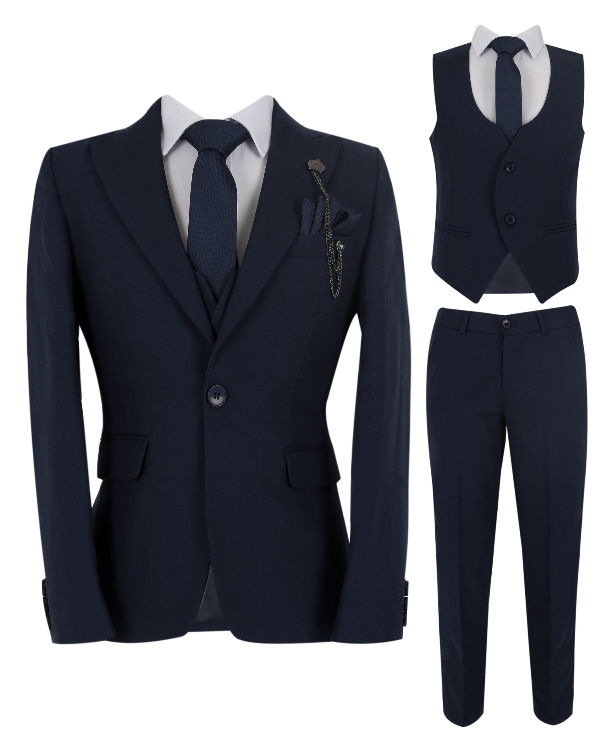 Boys Slim Fit Herringbone 8 Piece Suit Set - KING - Navy Blue