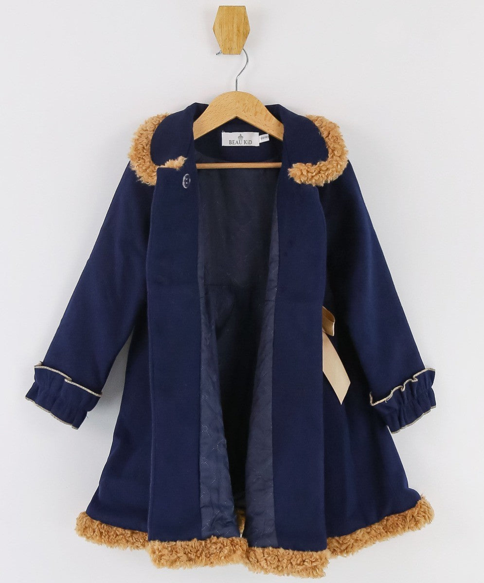 Girls Double-breasted Mid-Length Felted Wool Coat Set - Navy Blue