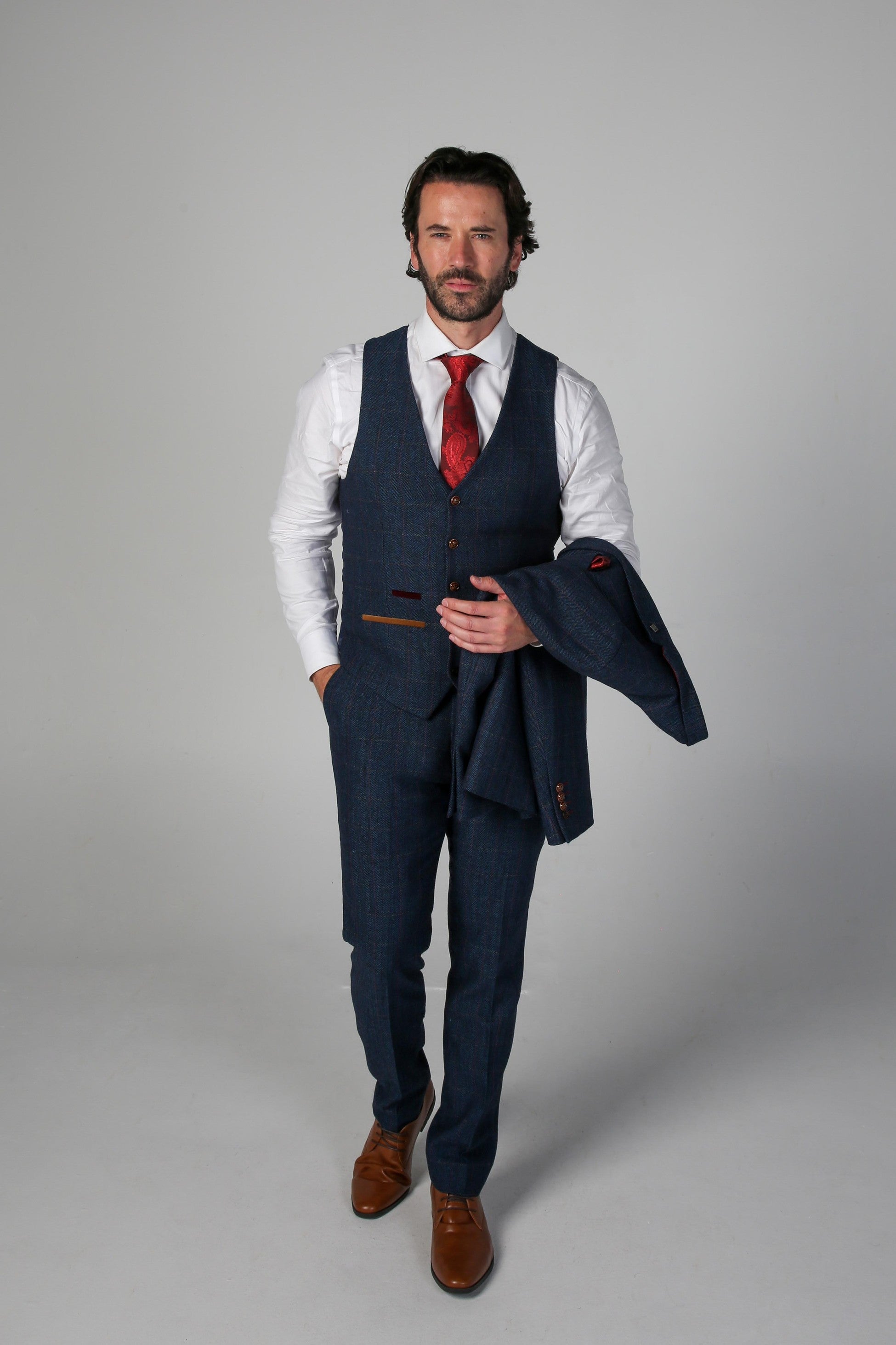 Men's Tweed Herringbone Navy Waistcoat - SCOTT - Navy Blue