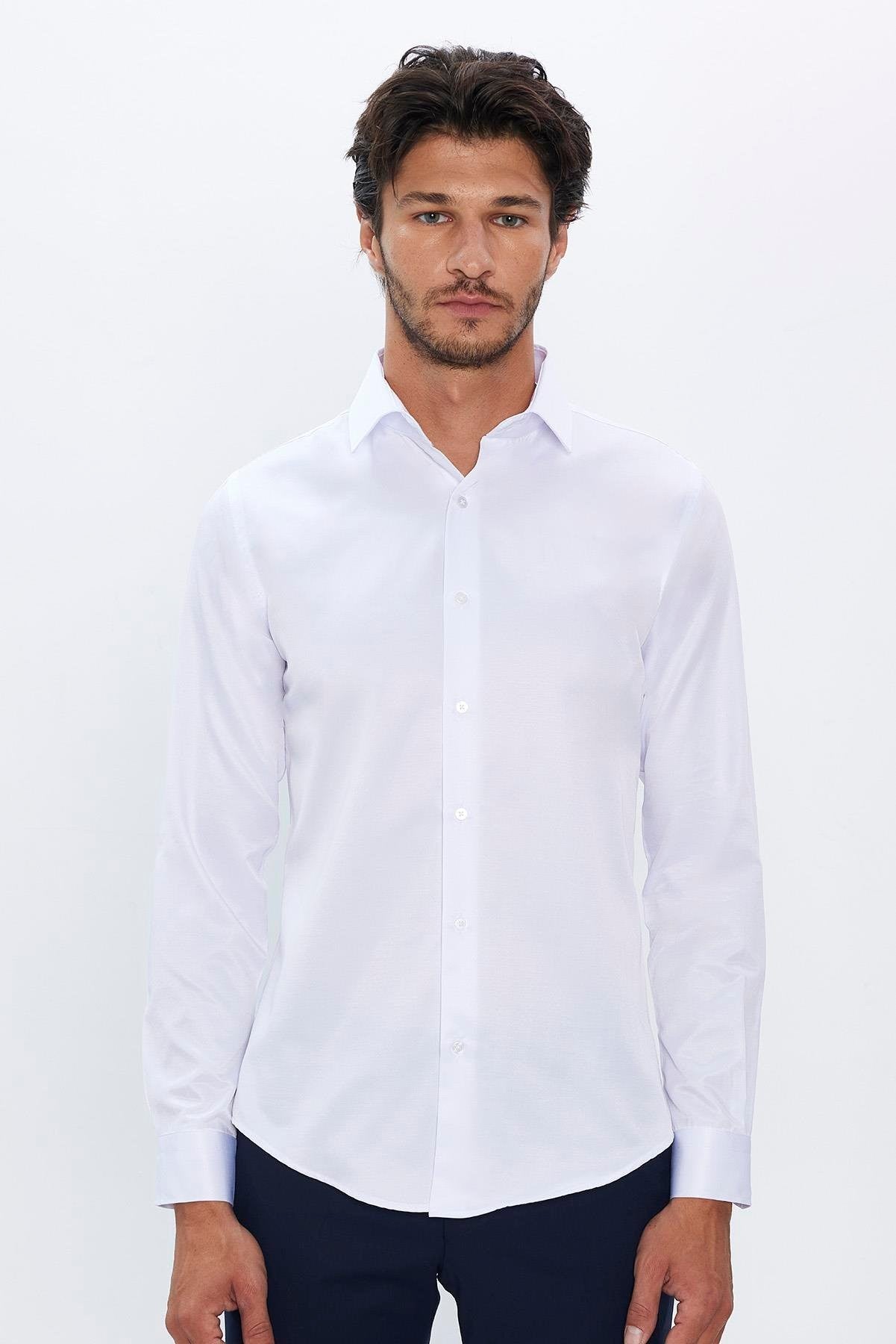 Men's Slim Fit Button-Down Cotton Blend Dress Shirt - Dimi Dotti - White