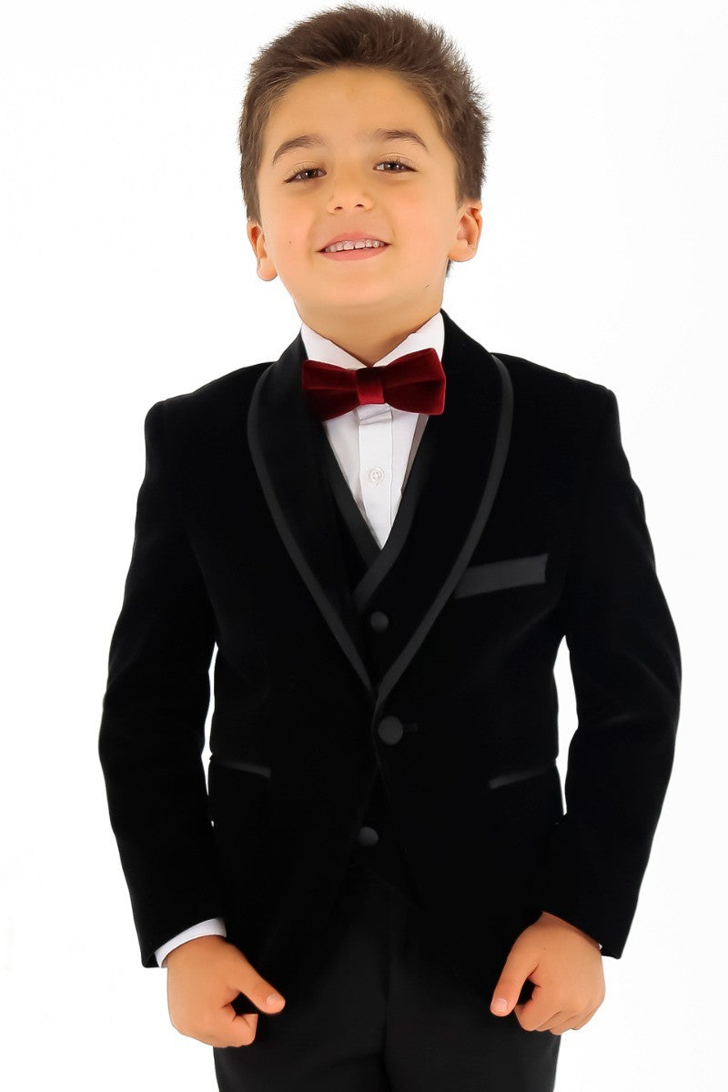 Boys Slim Fit Piping Velvet Tuxedo Suit - LONDON - Black