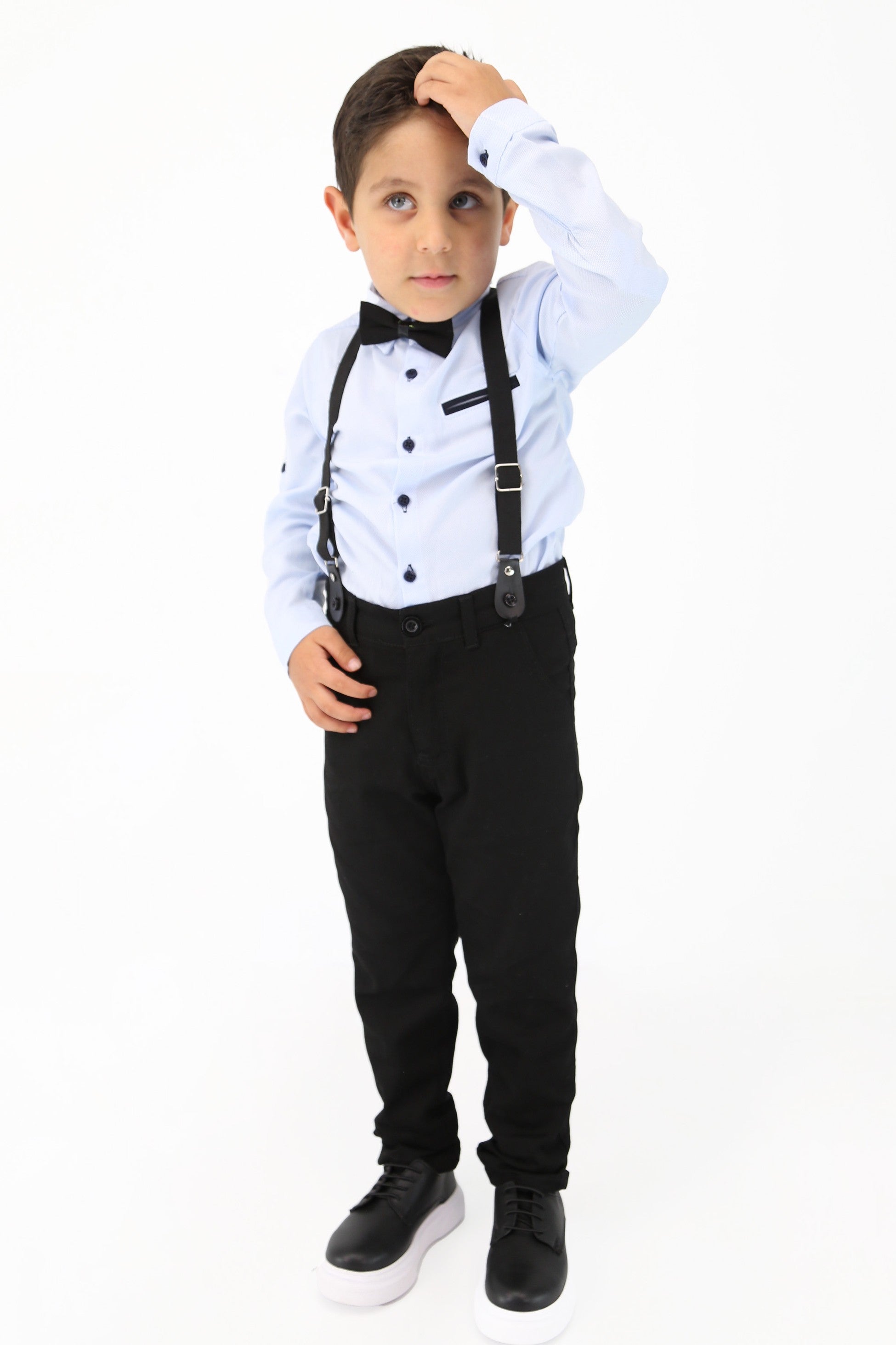 Baby & Boy Gentleman Outfit - 4 Piece Suspenders Pant Suit Set - OXFORD - Light Blue - Navy Blue