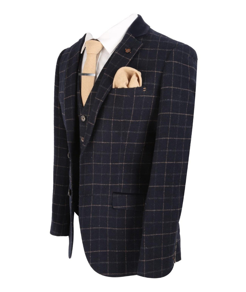 Men's Tweed Check Slim Fit Navy Suit Jacket- SHELBY - Navy Blue