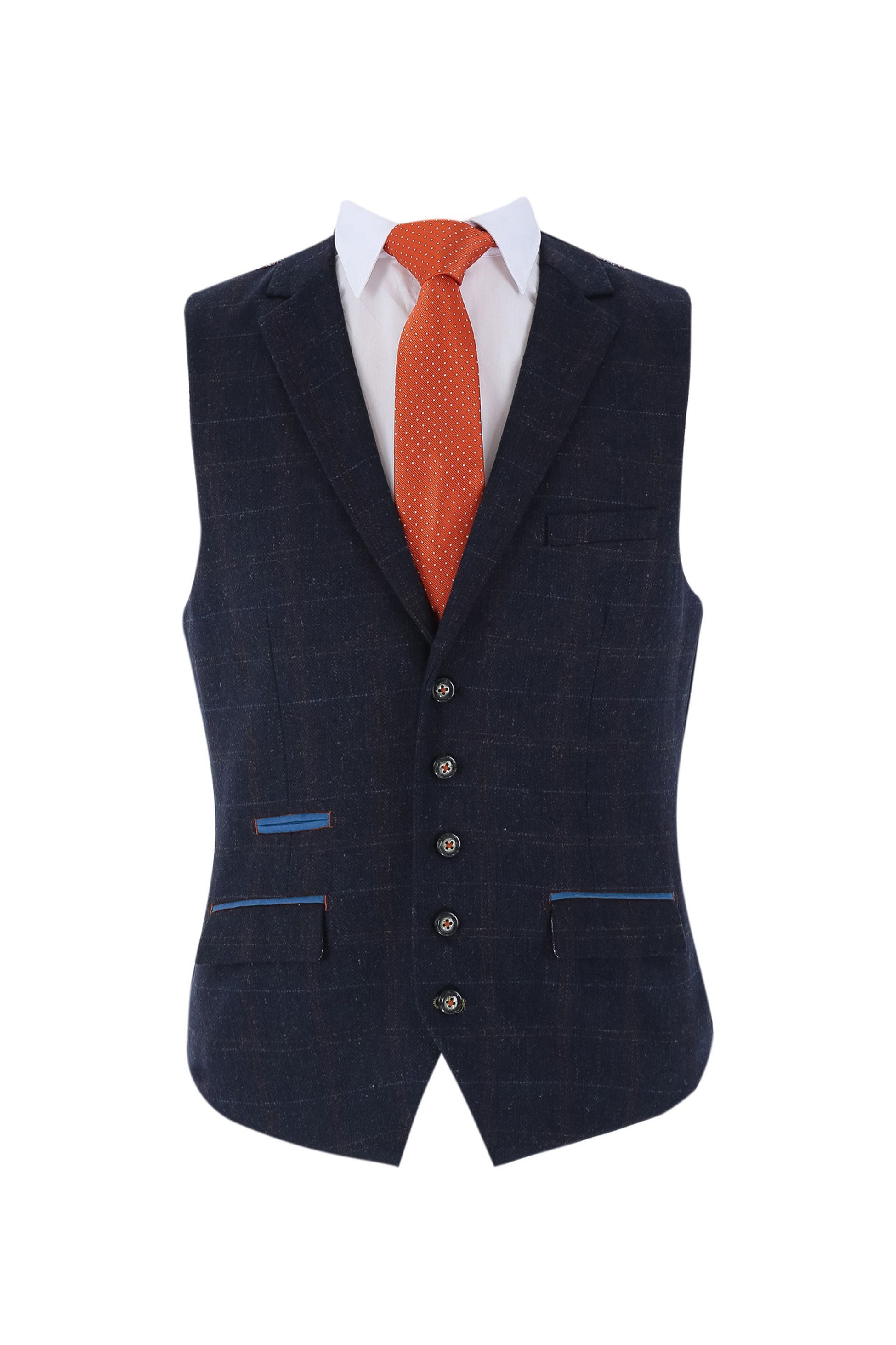 Men's Tweed Windowpane Check Navy Blue Waistcoat - RYAN - Navy Blue