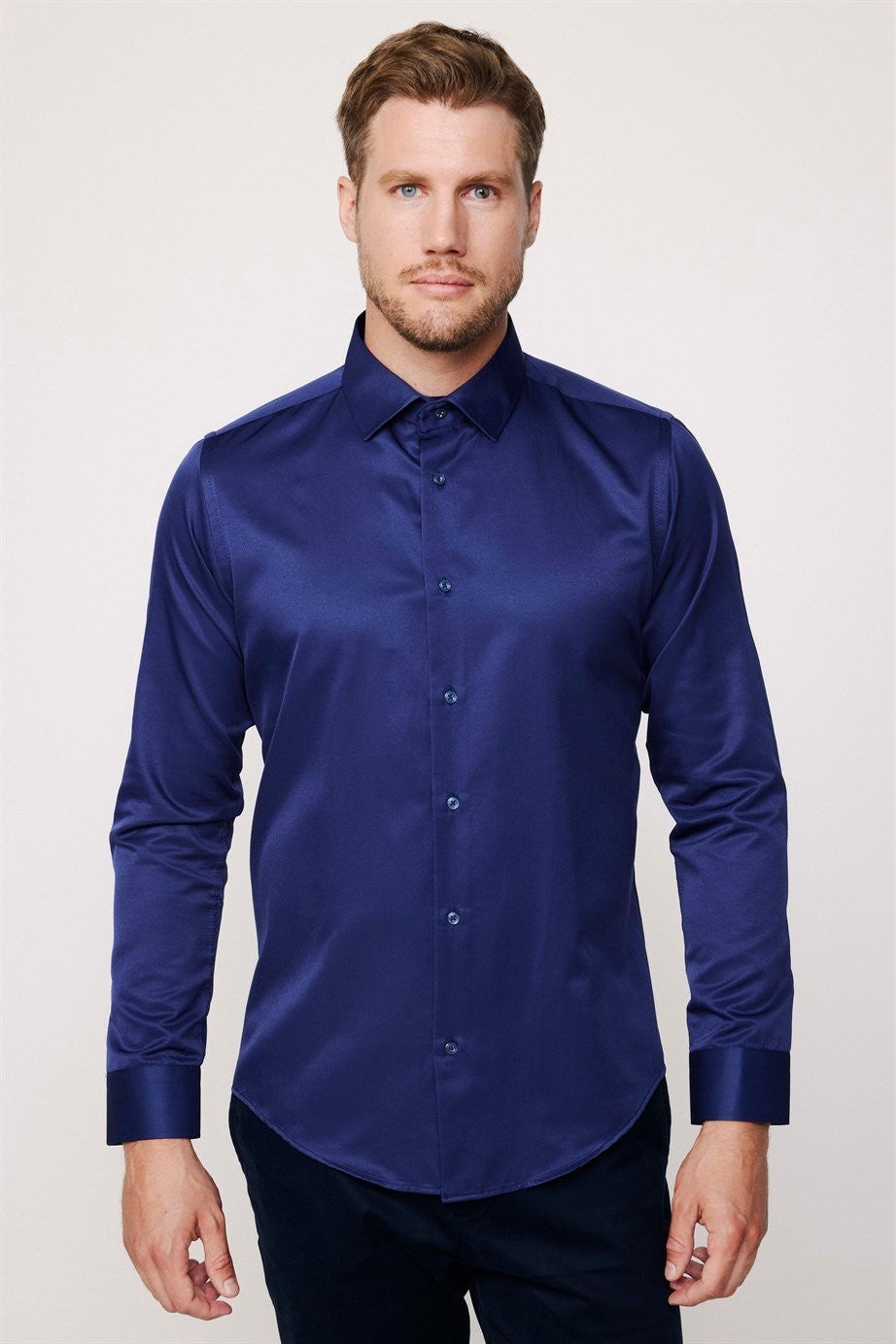 Men's Slim Fit Button-Down Cotton Blend Dress Shirt - Dimi Dotti - Night Blue