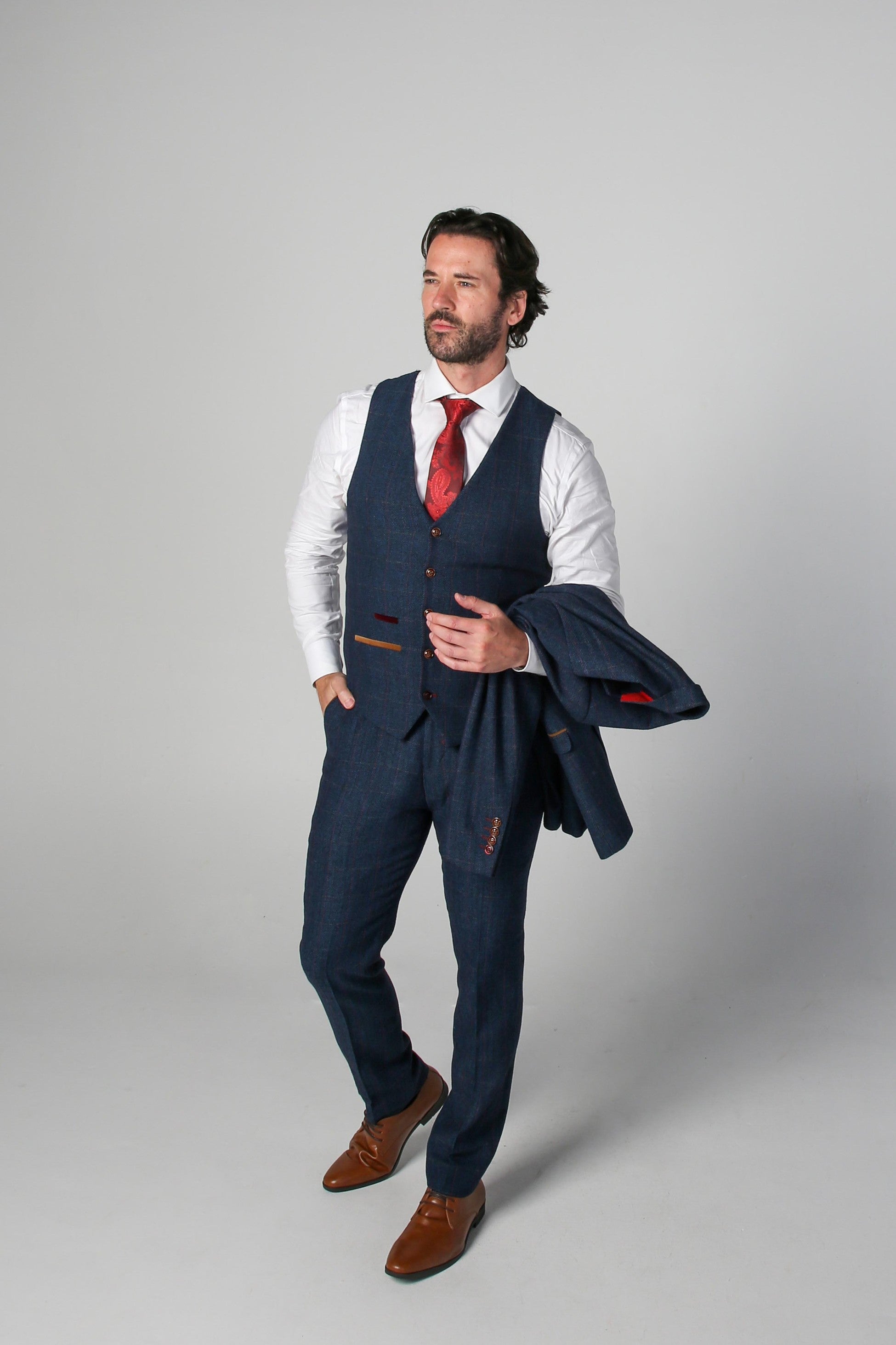 Men's Tweed Herringbone Tailored Fit Suit - SCOTT - Navy Blue