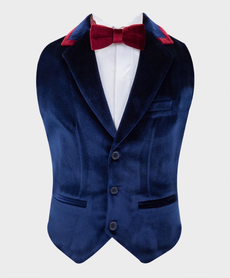 Boys Tailored Fit Velvet Suit with Elbow Patches - Navy Blue