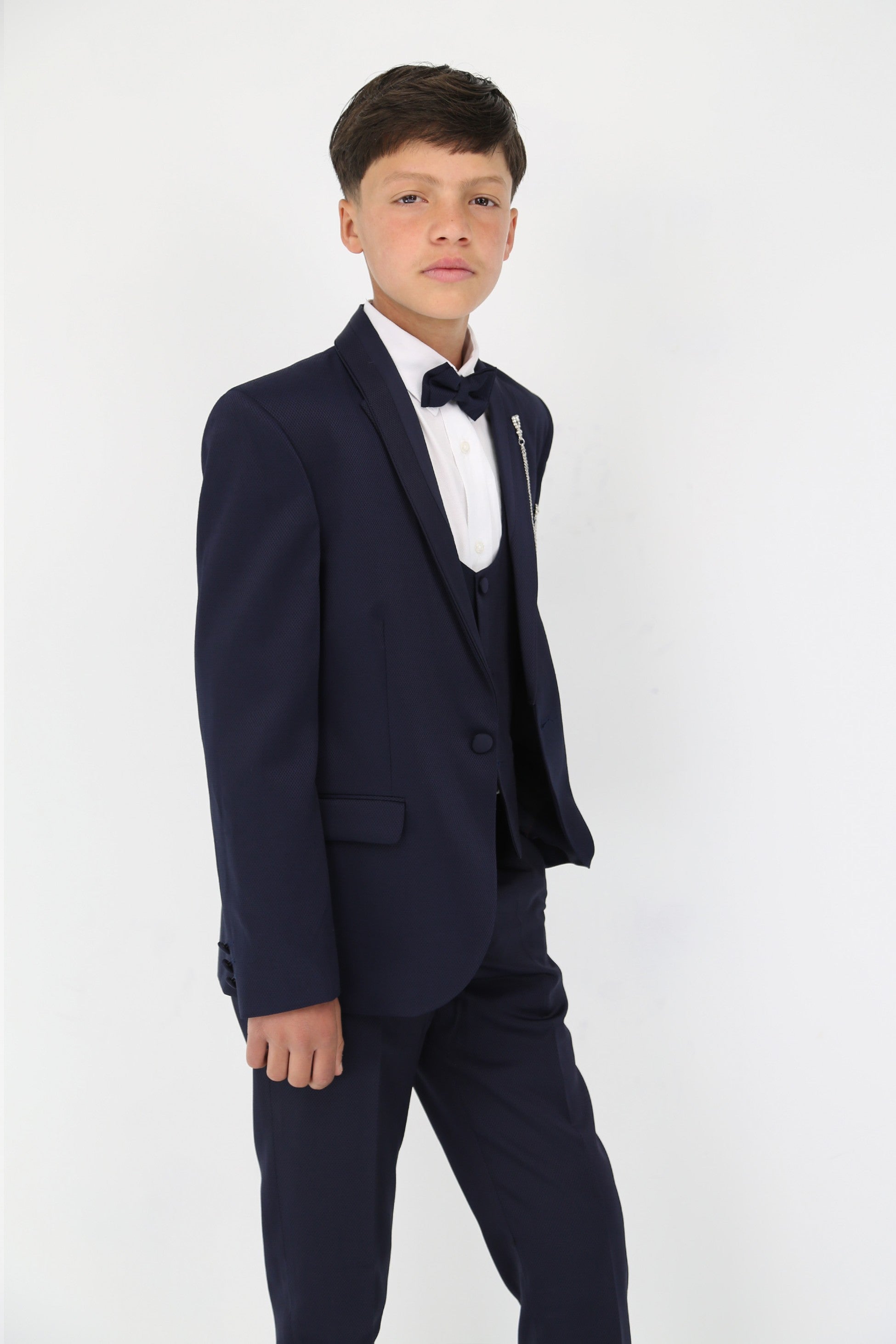 Boys' Satin Shawl Lapel Self-Patterned Tuxedo Suit, 6-Piece Set - Navy