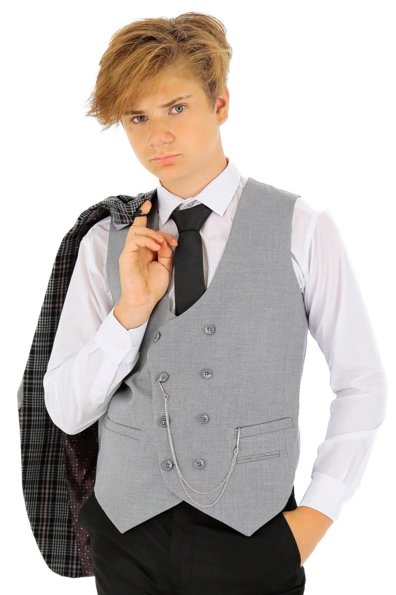 Boys Plaid Check Slim Fit Suit - Black - Grey