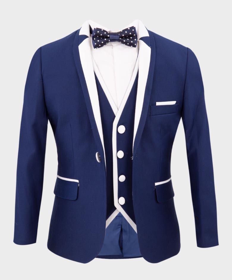 Boys Exclusive Piping Tuxedo Suit - Dark Blue - White