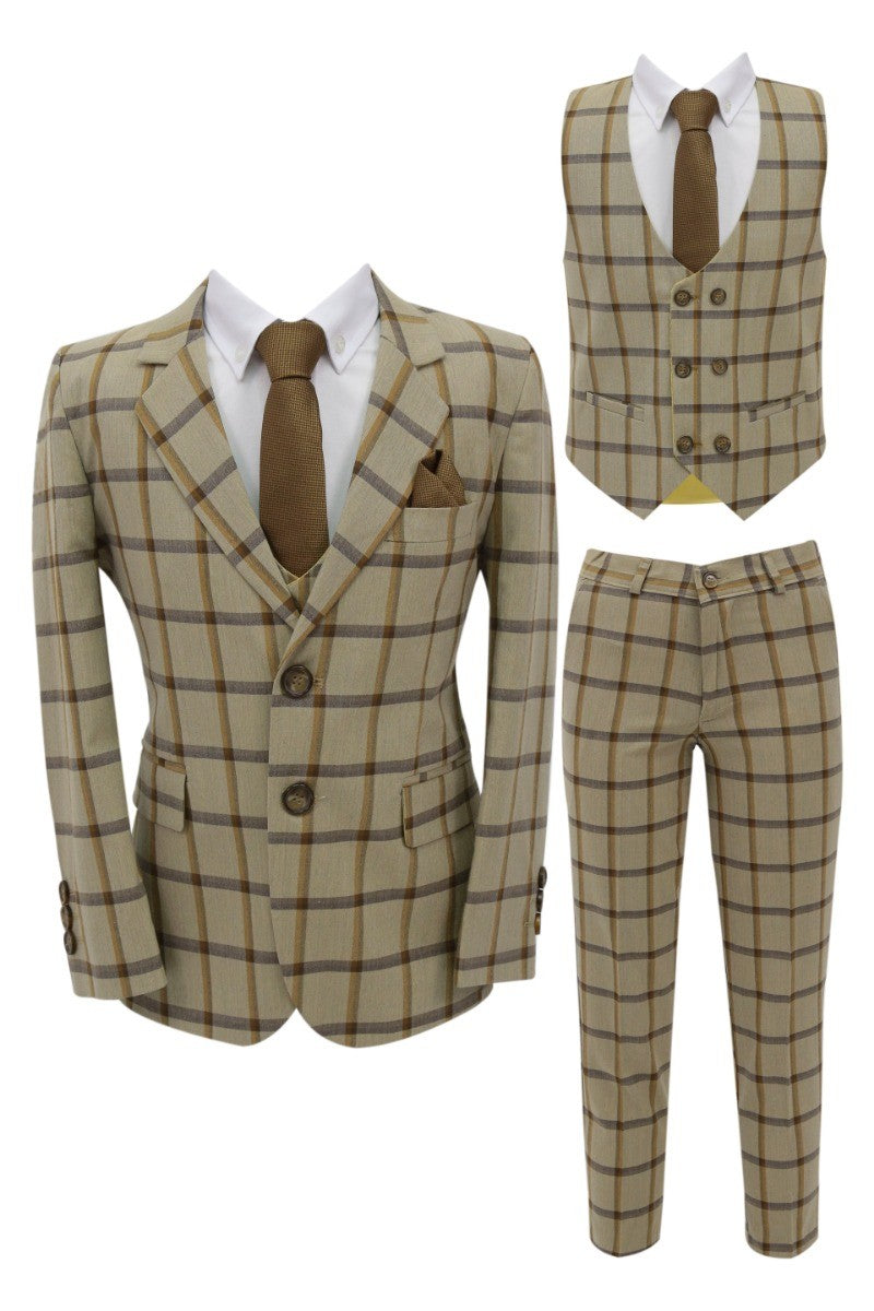 Boys Windowpane Check Suit 7 PC Set - Beige