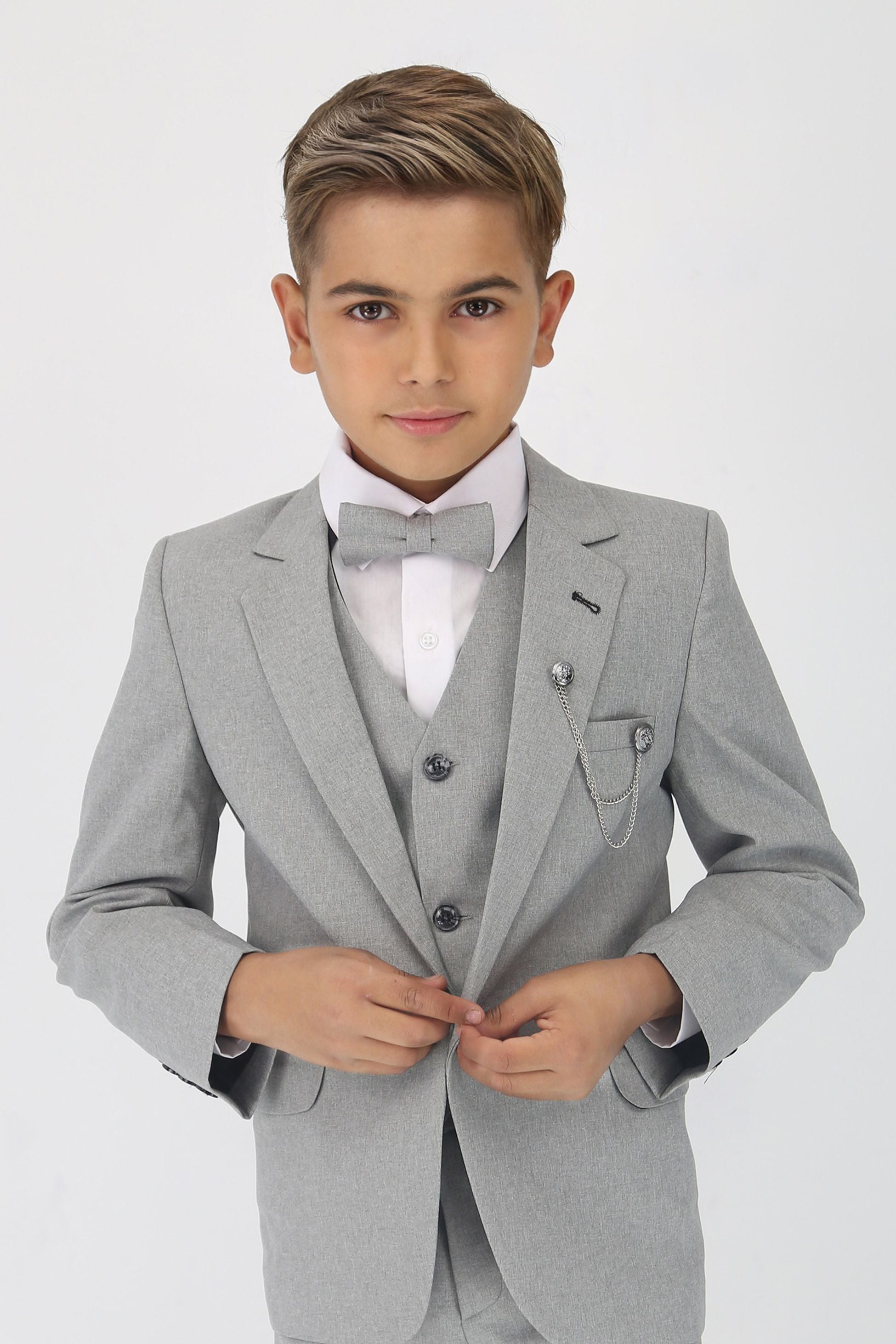 Boys Slim Fit Textured 8-Piece Formal Suit Set - Light Grey