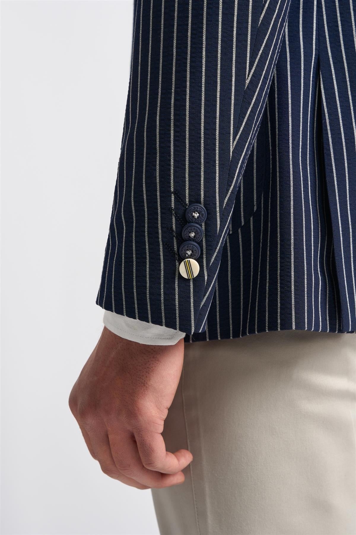 Men’s Slim Fit Pinstripe Navy Blazer - JULIAN - Navy Blue