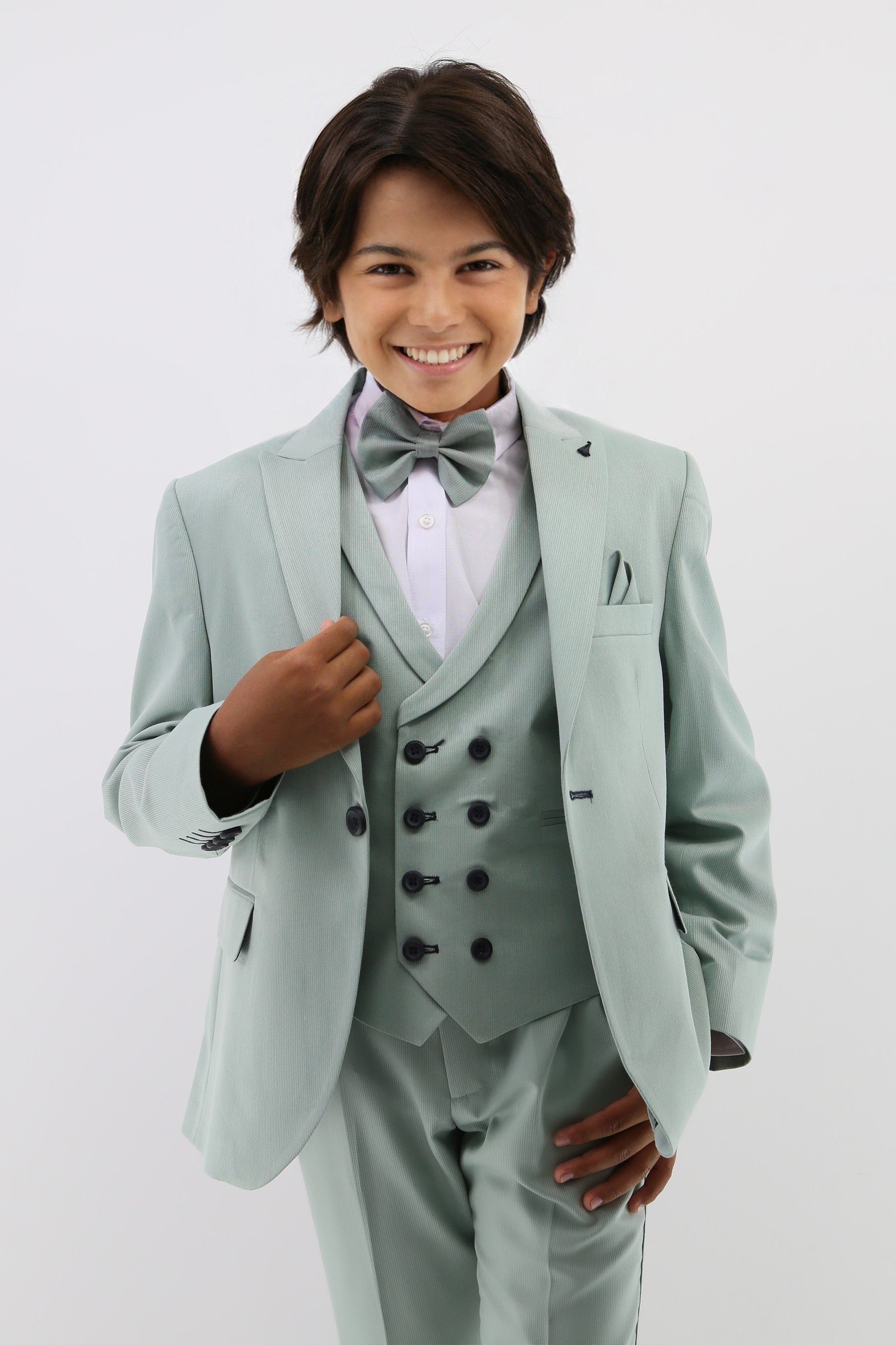 Boys Suit with Double Breasted Waistcoat 6 PC Set - Mint Green