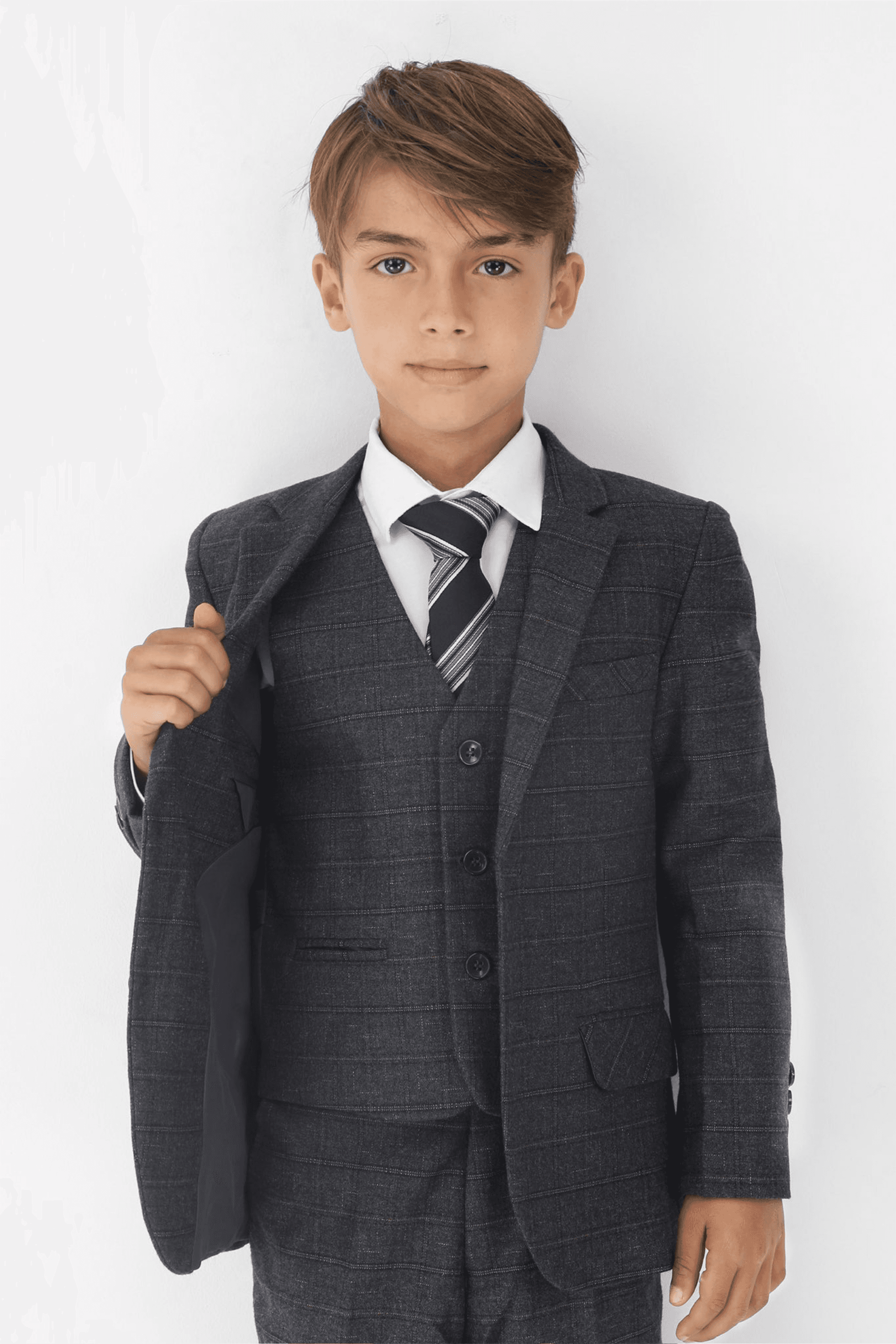 Boys Tweed Like Check Tailored Fit Formal Suit Set - Charcoal Grey