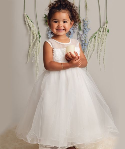 Girls Ivory Floral Appliqué Dress with Glitter Tulle - JESSICA - Ivory