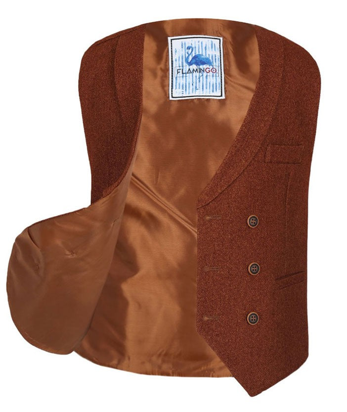 Men's and Boys Herringbone Double-breasted Waistcoat Set - Cinnamon Brown