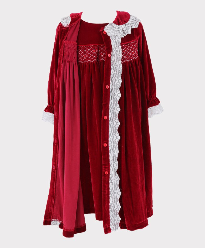 Girls Smocked Velvet Sleeping Gown 2 Pieces Set - Wine Red