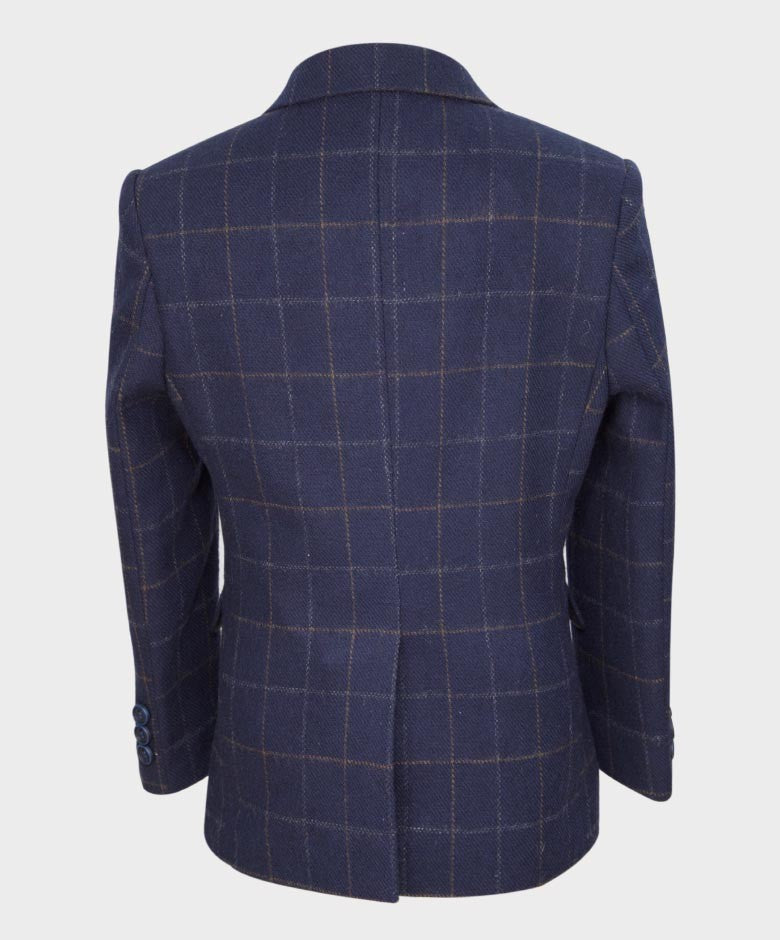 Boys Tailored Fit Tweed Check Navy Suit - SHELBY - Navy Blue