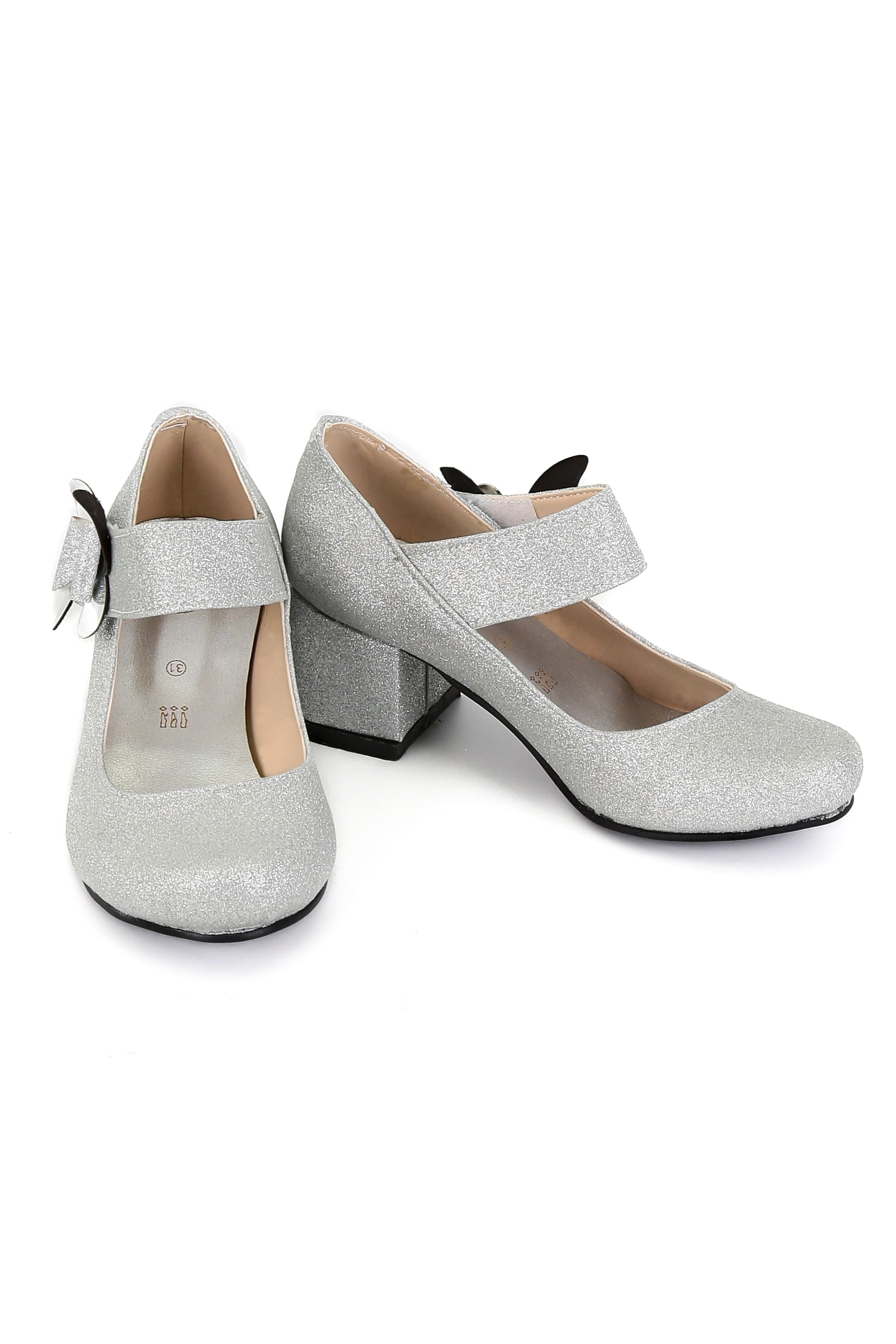 Girls Block Heel Glittery Mary Jane Shoes- AITANA - Silver