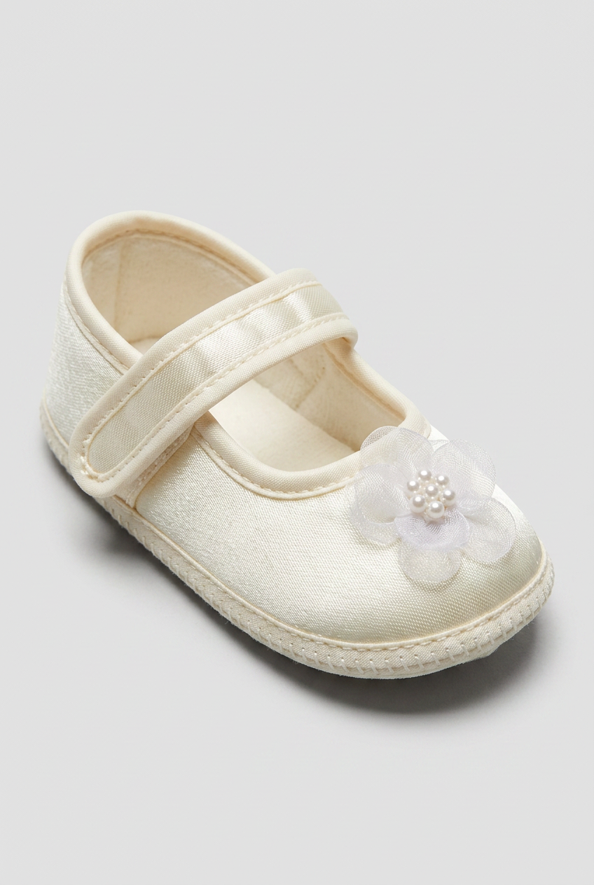Baby Girls Satin Flower Pram Shoes - Ivory