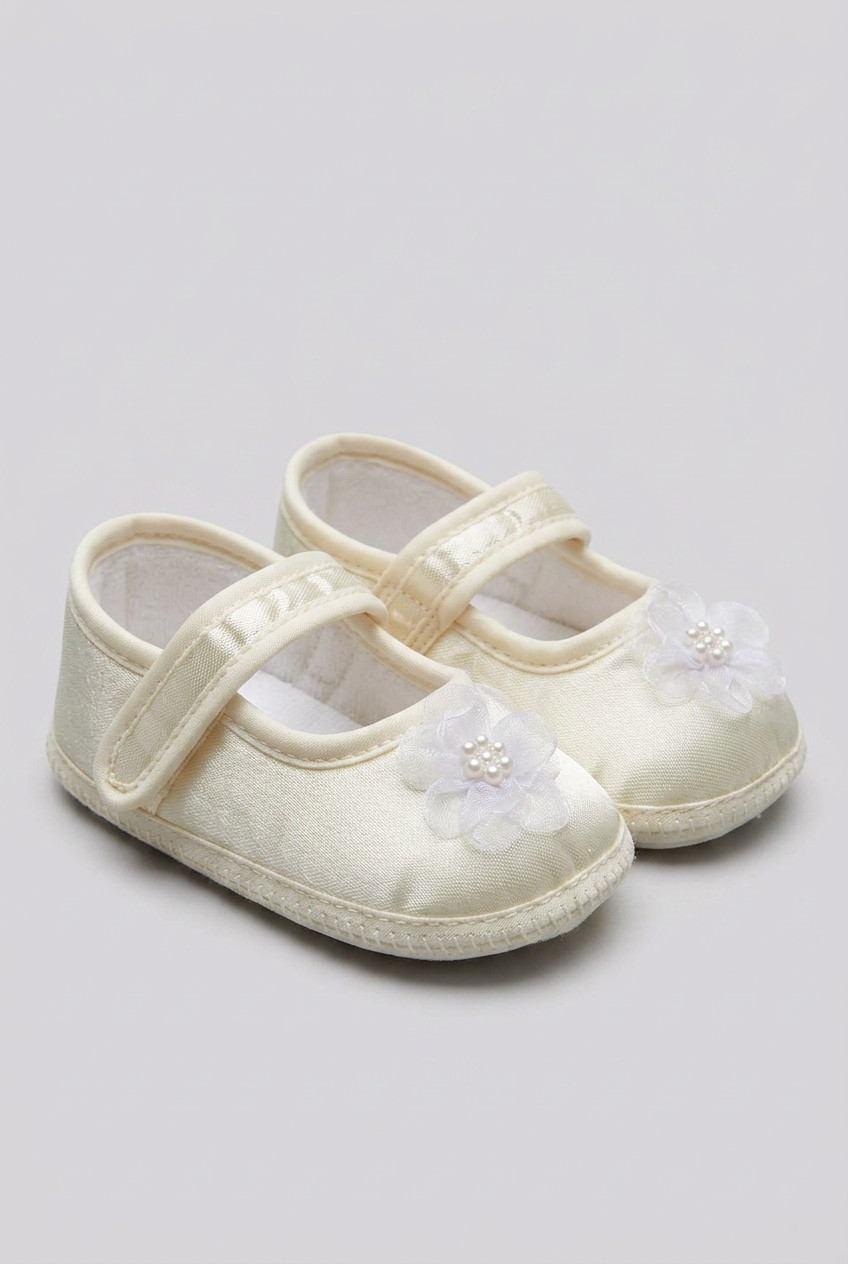 Baby Girls Satin Flower Pram Shoes - Ivory