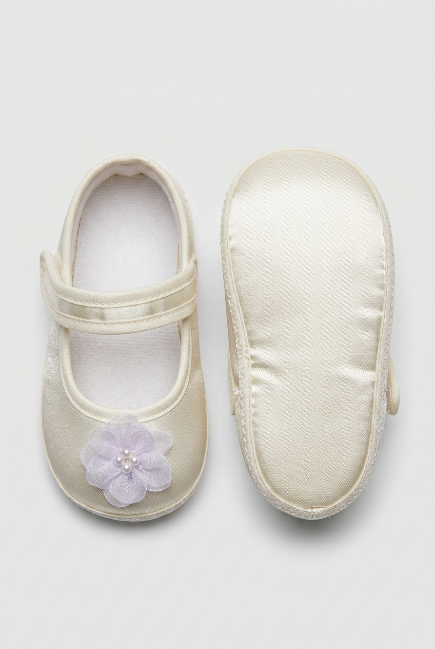 Baby Girls Satin Flower Pram Shoes - Ivory