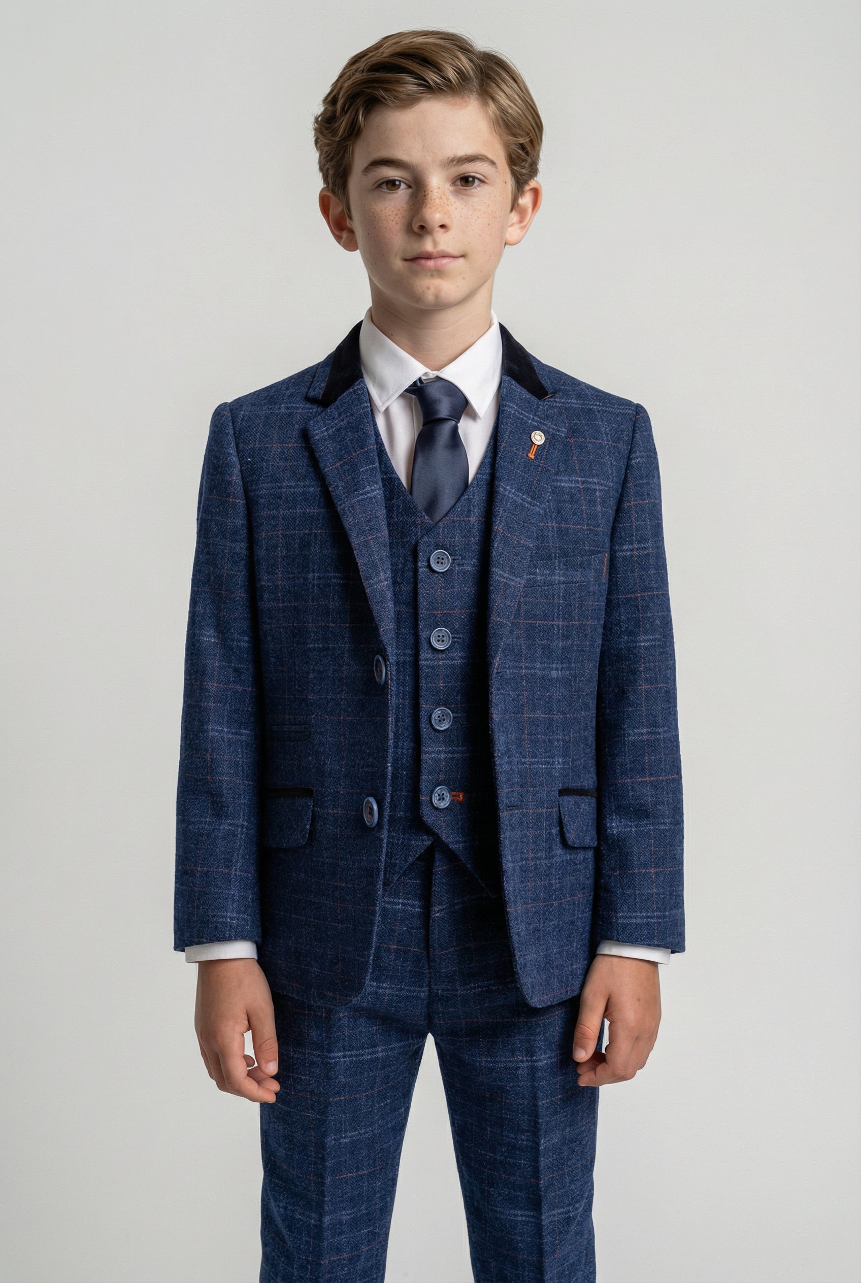 Boys Tweed Check Navy Slim Fit Suit - KAISER - Navy Blue
