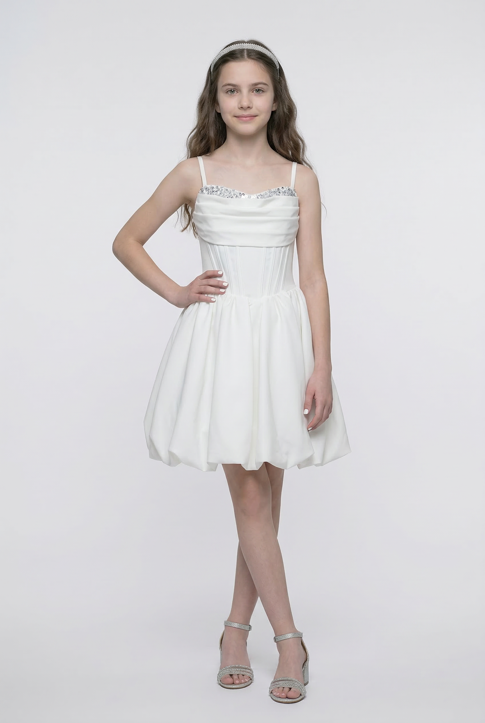 Girls Balloon Hem Party Dress with Crystal Trim - White