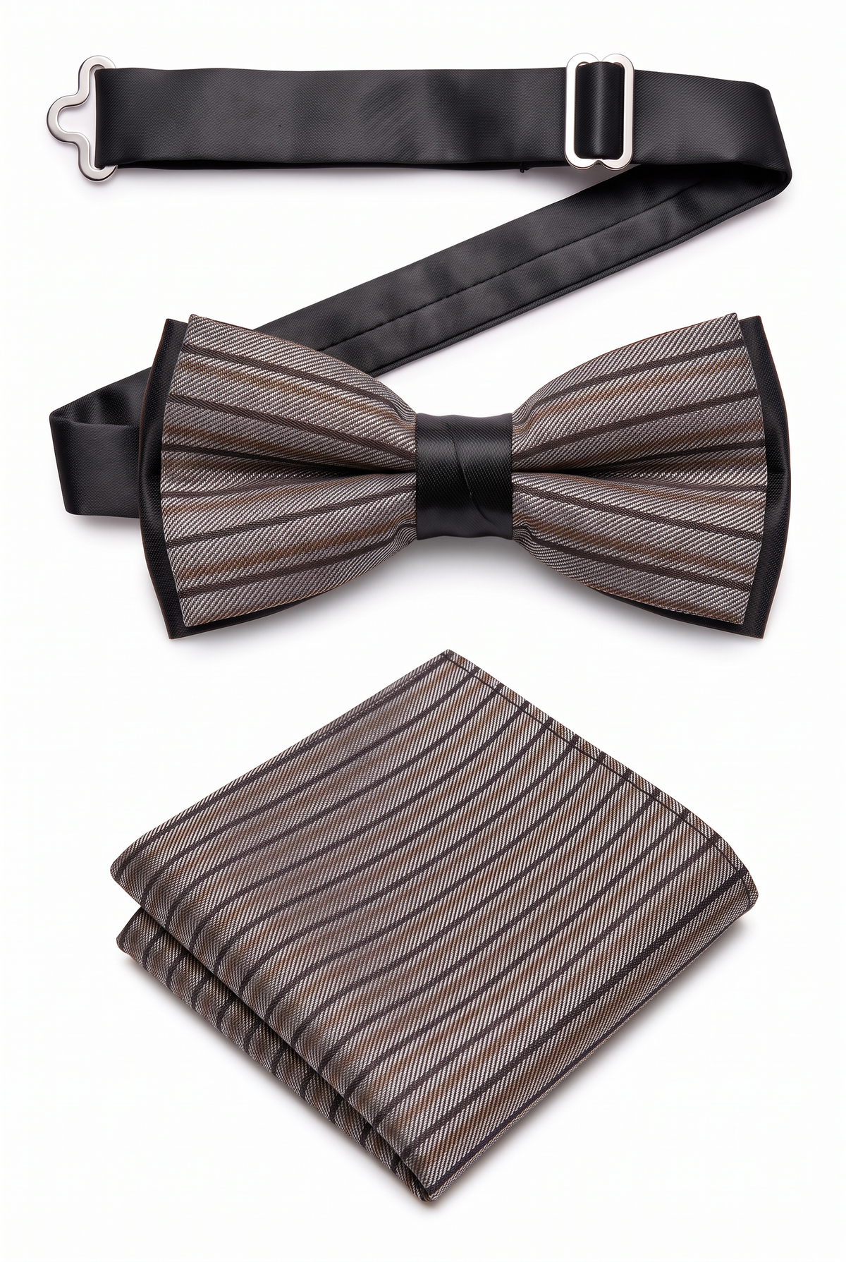 Boys Striped Bow Tie & Pocket Square Set - BWST - Grey and Black