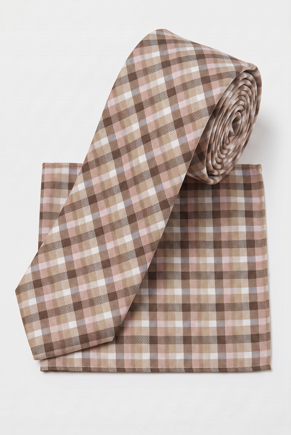Boys Plaid Checkered Tie & Hankie Set Brown and White