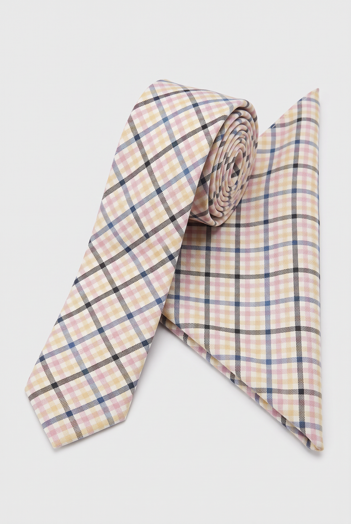 Boys Plaid Checkered Tie & Hankie Set Pink and Black