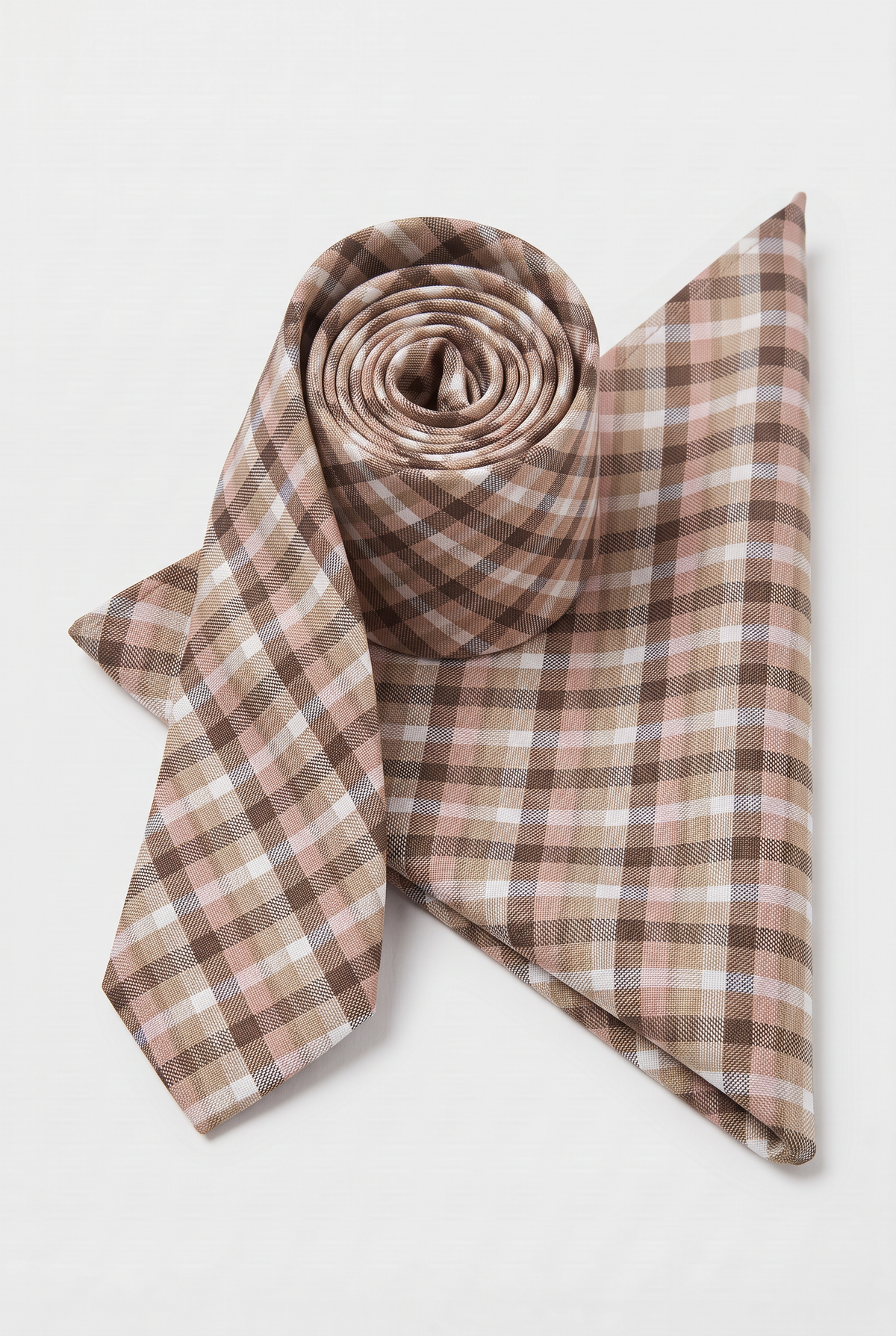 Boys Plaid Checkered Tie & Hankie Set Brown and White