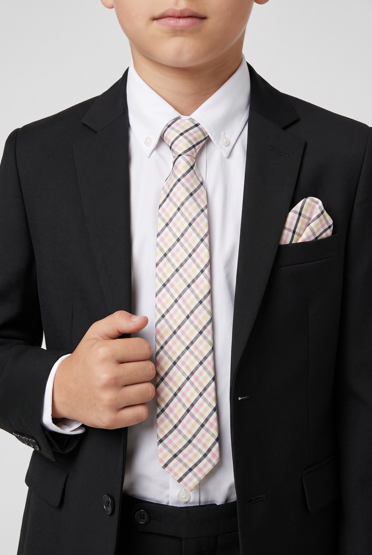 Boys Plaid Checkered Tie & Hankie Set Pink and Black