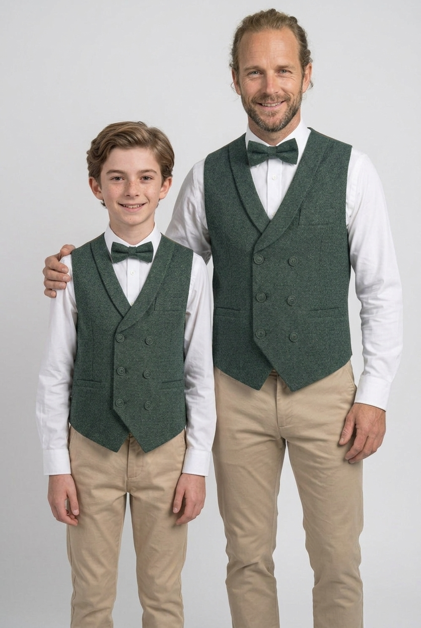 Men's and Boys Herringbone Tweed Double-breasted Waistcoat - ALPINI - Green
