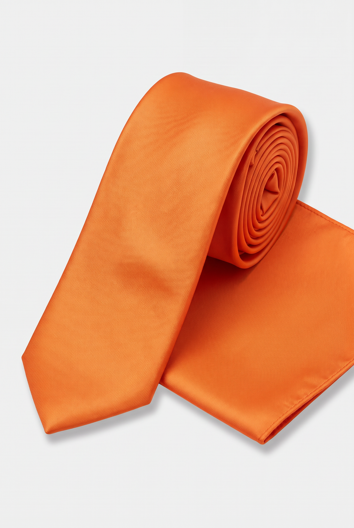 Orange satin tie and matching pocket square set, rolled view 