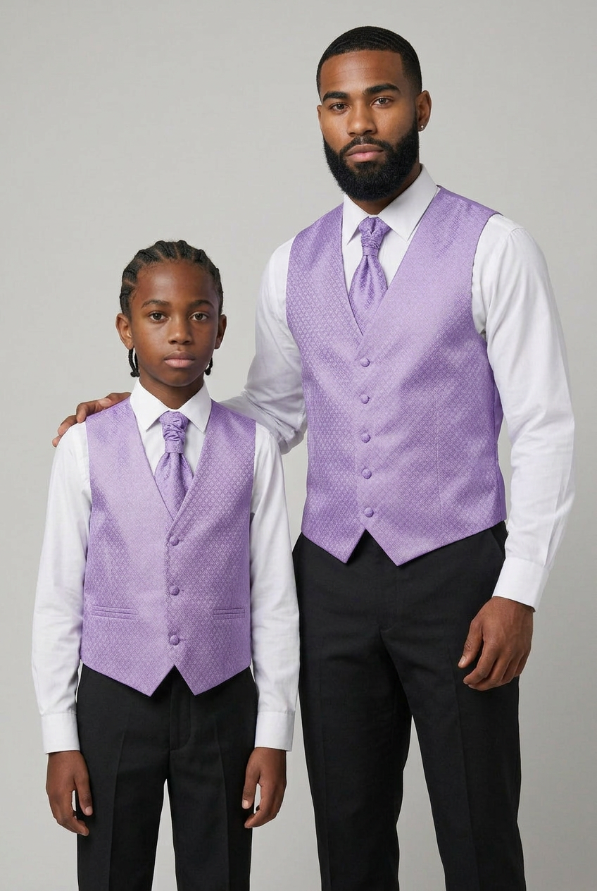 Father & Son Matching Waistcoat, Wedding Cravat & Pocket Square Set in Lilac