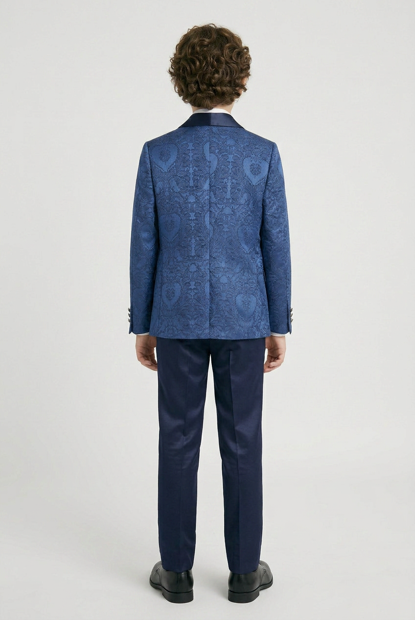 Boys Royal Blue Jacquard 4 Piece Suit with Bow Tie