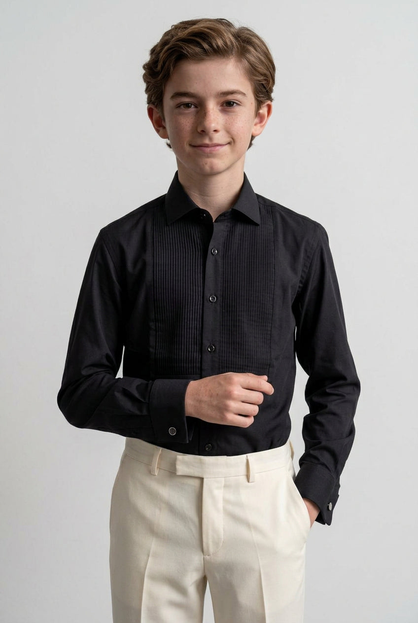 Boys Cotton Wing Collar Pleated Cufflink Shirt  - Black